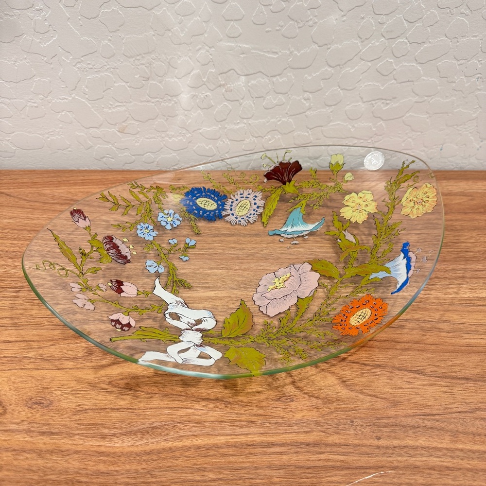Vintage Dorothy Thorpe Hand-Painted Floral Glass Accent Bowl Platter